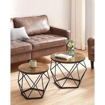 Mahmayi Coffee End Table Set Of 2, End Table with Steel Frame, For Living Room, Bedroom, Office, Rustic Brown And Black Ulet040B01
