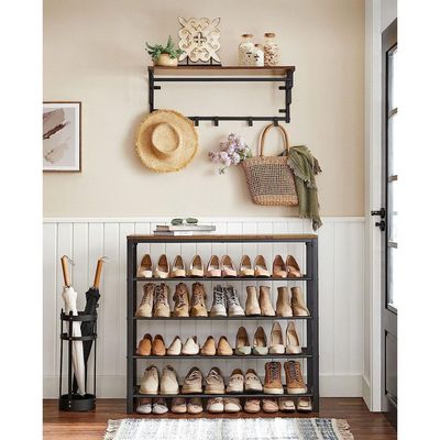 Vasagle Shoe Rack, 5-Tier Shoe Storage Organizer with 4 Metal Mesh Shelves for 16-20 Pairs and Large Surface for Bags, for Entryway, Hallway, Closet, Industrial, Rustic Brown and Black ULBS15BX by Mahmayi