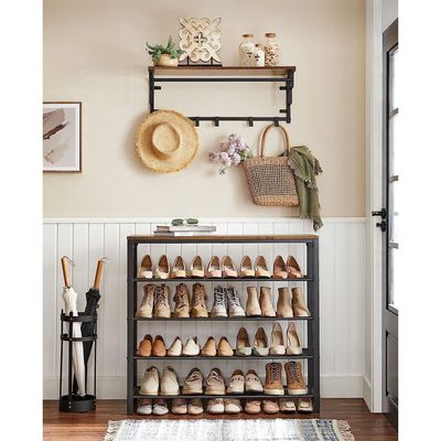 Mahmayi Shoe Rack, 5-Tier Shoe Storage Organizer with 4 Metal Mesh Shelves for 16-20 Pairs and Large Surface for Bags, for Entryway, Hallway, Closet, Industrial, Rustic Brown and Black ULBS15BX