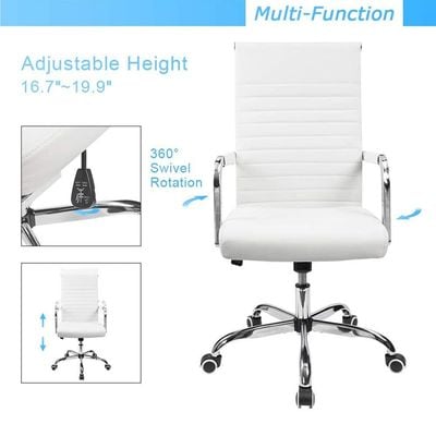 Mahmayi Office Chair - Ribbed Mid-Back PU Leather Executive Conference Seating for Home & Office Use, Ergonomic Desk Chair in White