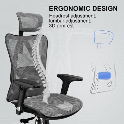 Sihoo Ergonomic Adjustable Office Chair With 3D Arm Rests And Lumbar Support - High Back With Breathable Mesh - Mesh Seat Cushion - Adjustable Head & Reclines Grey by Mahmayi