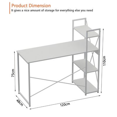 Mahmayi Computer Workstation Table with 4 Tier Storage Shelves for Home and Office Modern Stylish Computer Desk - White