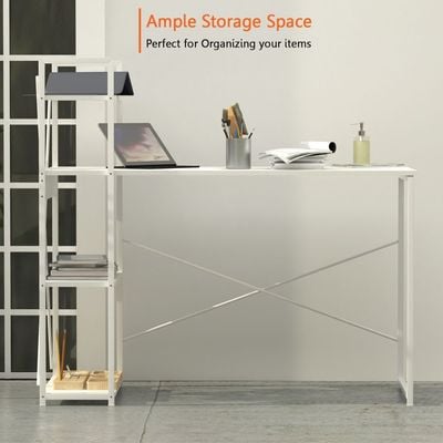 Mahmayi Computer Workstation Table with 4 Tier Storage Shelves for Home and Office Modern Stylish Computer Desk - White