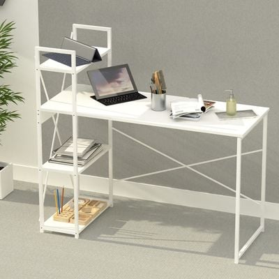 Mahmayi Computer Workstation Table with 4 Tier Storage Shelves for Home and Office Modern Stylish Computer Desk - White