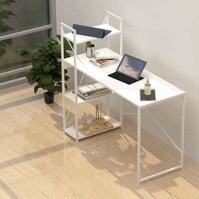 Mahmayi Computer Workstation Table with 4 Tier Storage Shelves for Home and Office Modern Stylish Computer Desk - White