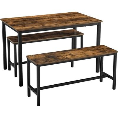 Mahmayi Dining Table With 2 Benches, 3 Pieces Set, Kitchen Table Of 110 X 70 X 75 Cm, 2 Benches Of 97 X 30 X 50 Cm Each, Steel Frame, Industrial Design, Rustic Brown And Black Kdt070B01