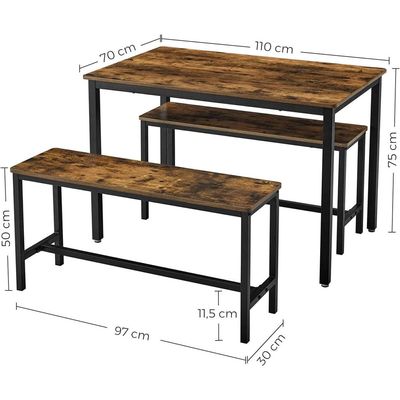 Vasagle Dining Table With 2 Benches, 3 Pieces Set, Kitchen Table Of 110 X 70 X 75 Cm, 2 Benches Of 97 X 30 X 50 Cm Each, Steel Frame, Industrial Design, Rustic Brown And Black Kdt070B01 by Mahmayi