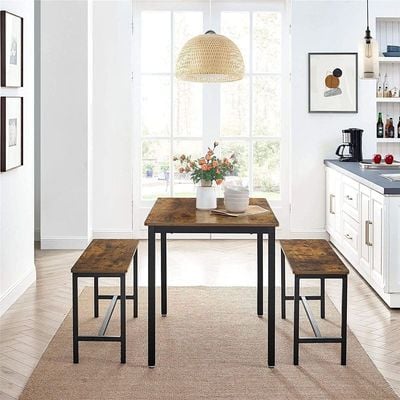Mahmayi Dining Table With 2 Benches, 3 Pieces Set, Kitchen Table Of 110 X 70 X 75 Cm, 2 Benches Of 97 X 30 X 50 Cm Each, Steel Frame, Industrial Design, Rustic Brown And Black Kdt070B01