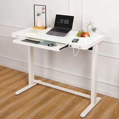 Flexispot All-in-One Height Adjustable Standing Desk - Stable Desk Frame, Up/Down Movement, 4 Memory Presets, Child Lock, and 3 USB Charging Ports for Efficient Work and Device Charging - White by Mahmayi