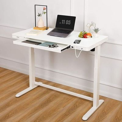 Mahmayi All-in-One Height Adjustable Standing Desk - Stable Desk Frame, Up/Down Movement, 4 Memory Presets, Child Lock, and 3 USB Charging Ports for Efficient Work and Device Charging - White