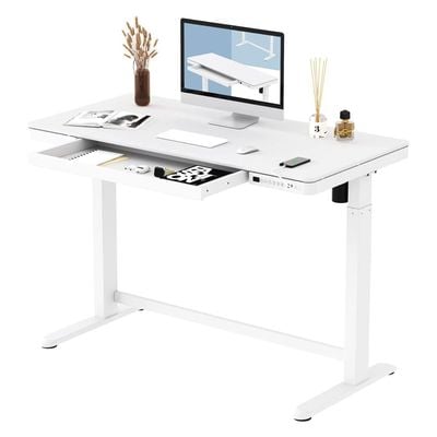 Flexispot All-in-One Height Adjustable Standing Desk - Stable Desk Frame, Up/Down Movement, 4 Memory Presets, Child Lock, and 3 USB Charging Ports for Efficient Work and Device Charging - White by Mahmayi