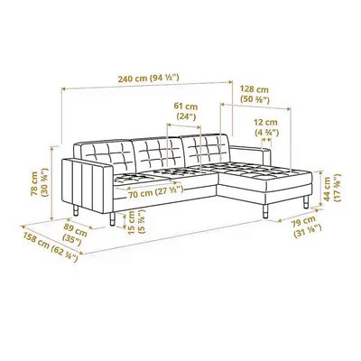 Havenic 3 Seater Velvet Corner Sofa - Navy Blue -L158cm x W240cm x H78cm