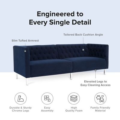 Embolden 3 Seater Velvet Fabric Sofa - Navy Blue - L 204cm x W 81cm x H 71cm