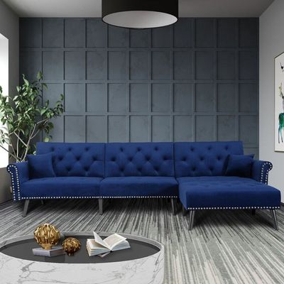 Kerry Corner 5 Seater Sofa Wide Sofa & Chaise Velvet Fabric - Navy Blue - L 292cm x W 84cm x H 82cm