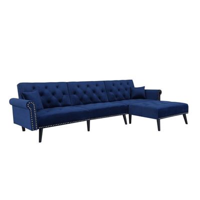 Kerry Corner 5 Seater Sofa Wide Sofa & Chaise Velvet Fabric - Navy Blue - L 292cm x W 84cm x H 82cm