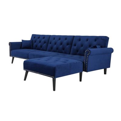 Kerry Corner 5 Seater Sofa Wide Sofa & Chaise Velvet Fabric - Navy Blue - L 292cm x W 84cm x H 82cm