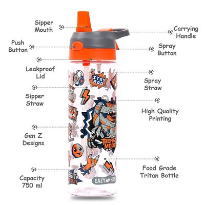 Eazy Kids Tritan Water Bottle w / Spray, Dinosaur - Grey, 750ml