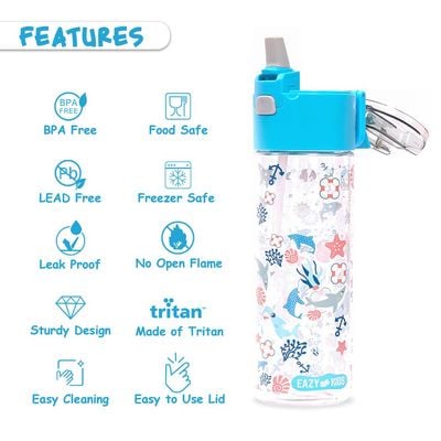 Eazy Kids Tritan Water Bottle w / Snack Box, Shark - Blue, 450ml