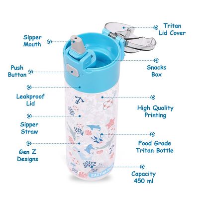 Eazy Kids Tritan Water Bottle w / Snack Box, Shark - Blue, 450ml