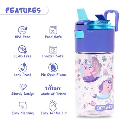 Eazy Kids Tritan Water Bottle w / Snack Box, Mermaid - Purple, 450ml