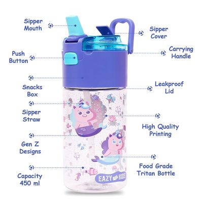 Eazy Kids Tritan Water Bottle w / Snack Box, Mermaid - Purple, 450ml