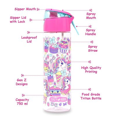 Eazy Kids Tritan Water Bottle w/ Spray, Unicorn Desert - Pink, 750ml