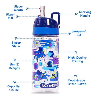 Eazy Kids Tritan Water Bottle w / Carry handle, Astronauts - Blue, 420ml