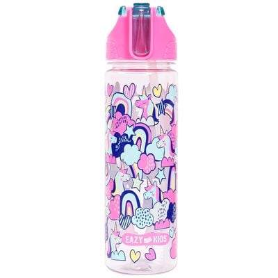 Eazy Kids Tritan Water Bottle w / 2in1 drinking, Flip lid and Sipper, Unicorn - Pink, 650ml