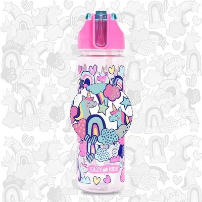 Eazy Kids Tritan Water Bottle w / 2in1 drinking, Flip lid and Sipper, Unicorn - Pink, 650ml