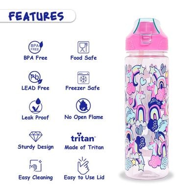 Eazy Kids Tritan Water Bottle w / 2in1 drinking, Flip lid and Sipper, Unicorn - Pink, 650ml