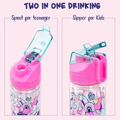 Eazy Kids Tritan Water Bottle w / 2in1 drinking, Flip lid and Sipper, Unicorn - Pink, 650ml