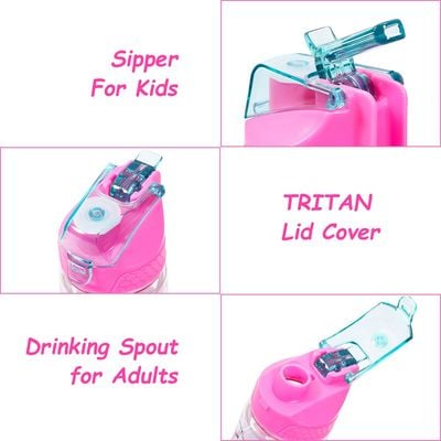 Eazy Kids Tritan Water Bottle w / 2in1 drinking, Flip lid and Sipper, Unicorn - Pink, 650ml