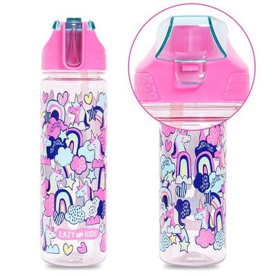 Eazy Kids Tritan Water Bottle w / 2in1 drinking, Flip lid and Sipper, Unicorn - Pink, 650ml