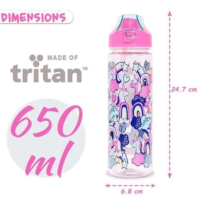 Eazy Kids Tritan Water Bottle w / 2in1 drinking, Flip lid and Sipper, Unicorn - Pink, 650ml