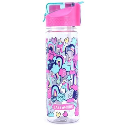 Eazy Kids Tritan Water Bottle w / 2in1 drinking, Flip lid and Sipper, Unicorn - Pink, 650ml