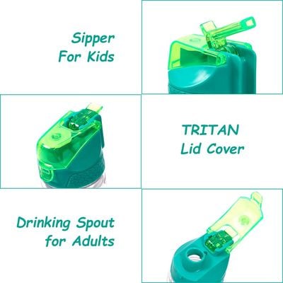 Eazy Kids Tritan Water Bottle w / 2in1 drinking, Flip lid and Sipper, Soccer - Green, 650ml