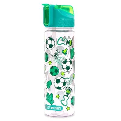 Eazy Kids Tritan Water Bottle w / 2in1 drinking, Flip lid and Sipper, Soccer - Green, 650ml