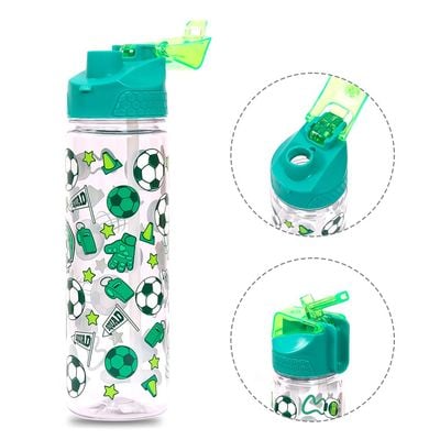 Eazy Kids Tritan Water Bottle w / 2in1 drinking, Flip lid and Sipper, Soccer - Green, 650ml