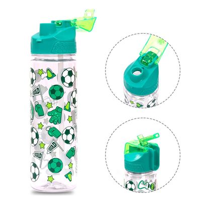 Eazy Kids Tritan Water Bottle w/ 2in1 drinking, Flip lid and Sipper, Soccer - Green, 650ml