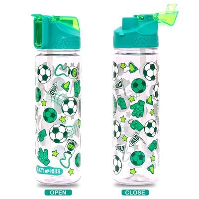 Eazy Kids Tritan Water Bottle w / 2in1 drinking, Flip lid and Sipper, Soccer - Green, 650ml