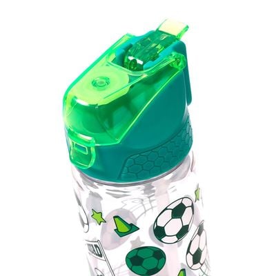 Eazy Kids Tritan Water Bottle w / 2in1 drinking, Flip lid and Sipper, Soccer - Green, 650ml