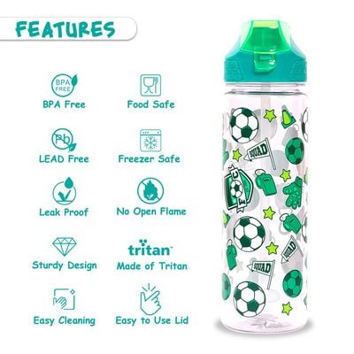 Eazy Kids Tritan Water Bottle w / 2in1 drinking, Flip lid and Sipper, Soccer - Green, 650ml