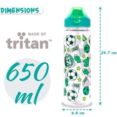 Eazy Kids Tritan Water Bottle w / 2in1 drinking, Flip lid and Sipper, Soccer - Green, 650ml