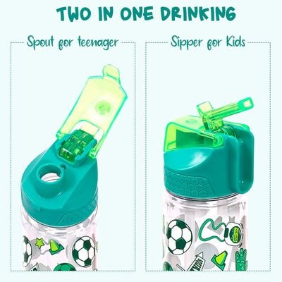 Eazy Kids Tritan Water Bottle w / 2in1 drinking, Flip lid and Sipper, Soccer - Green, 650ml