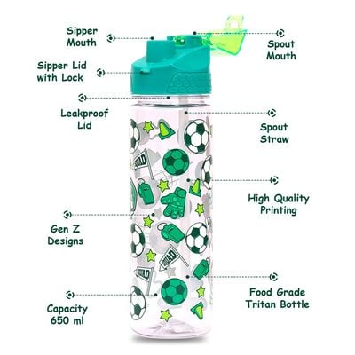 Eazy Kids Tritan Water Bottle w / 2in1 drinking, Flip lid and Sipper, Soccer - Green, 650ml