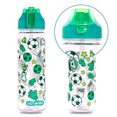 Eazy Kids Tritan Water Bottle w / 2in1 drinking, Flip lid and Sipper, Soccer - Green, 650ml