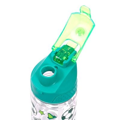 Eazy Kids Tritan Water Bottle w / 2in1 drinking, Flip lid and Sipper, Soccer - Green, 650ml