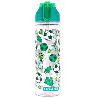 Eazy Kids Tritan Water Bottle w / 2in1 drinking, Flip lid and Sipper, Soccer - Green, 650ml