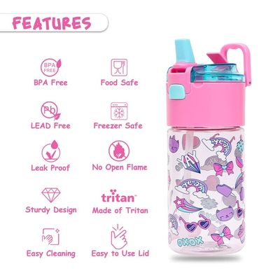 Eazy Kids Tritan Water Bottle w / Lockable Push button and Carry Handle, Tropical - Purple, 420ml