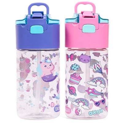 Eazy Kids Tritan Water Bottle w / Lockable Push button and Carry Handle, Tropical - Purple, 420ml